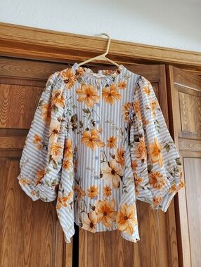 Oddi Blue & White Striped Blouse with Orange Floral Print